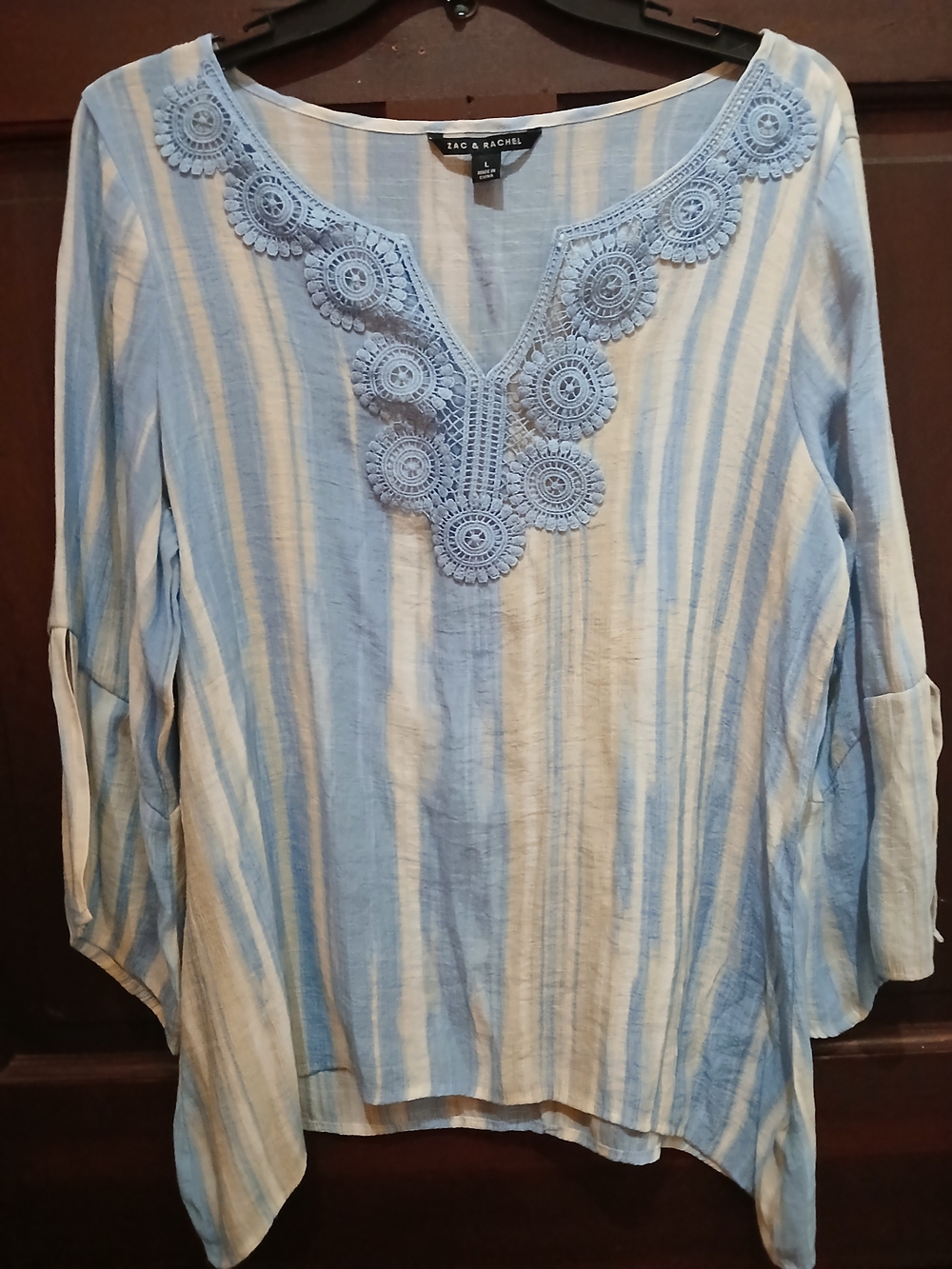 Zac & Rachel Blue Striped Crochet-Trim Women's Top Size L